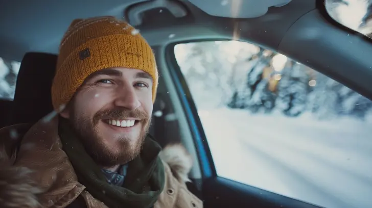 En skäggig man iförd gul mössa och varma kläder ler när han sitter i en bil, säkrad med sin MER-försäkring. Snötäckta träd och ett snölandskap syns genom bilrutorna.