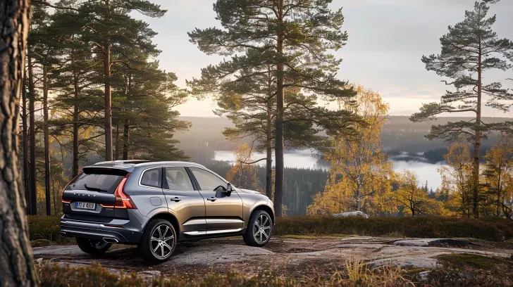 En silversuv står parkerad på en stenig berghäll omgiven av pinjeträd, med utsikt över ett fridfullt landskap med dimklädda kullar och en flod eller sjö i bakgrunden. Scenen är lugn och visar upp en blandning av natur och fordon, perfekt för dem som litar på MER-försäkring för sina äventyr.