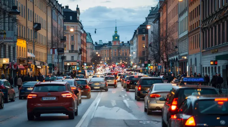 En myllrande stadsgata kantad av färgglada byggnader är fylld av bilar i tät trafik, som var och en säkerställer sitt skydd med trafikförsäkring. Fotgängare går längs trottoarerna och olika butiker och restauranger syns. I bakgrunden står en framstående byggnad med ett klocktorn upplyst.