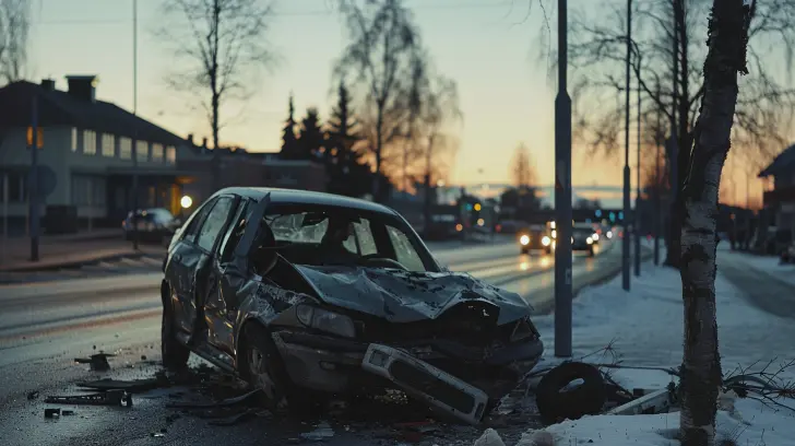 En hårt skadad bil vilar på sidan av en snöig väg i skymningen, med skräp utspridda. Framänden är kraftigt krossad. Dämpade gatubelysningar och suddiga strålkastare på avlägsna fordon lyser upp scenen, vilket understryker vikten av att ha trafikförsäkring. Bladlösa träd och hus kantar bakgrunden.