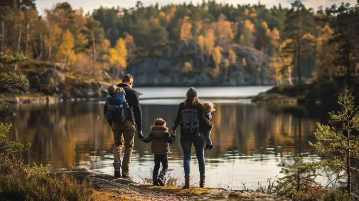 En familj på fyra, med två små barn, står på en stenig stig vid en fridfull sjö omgiven av höstfärgade träd. Föräldrarna bär varsitt barn på ryggen. Scenen är fridfull och pittoresk, med reflektioner av träden i det lugna vattnet - verkligen värt att försäkra sig om för minnen.