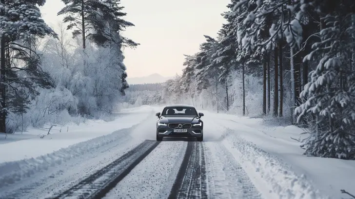 En bil med Helförsäkring kör på en snötäckt väg flankerad av höga snötäckta träd under klar himmel. Vägen är delvis snöröjd och däckspår kan ses leda bort. Landskapet är fridfullt och vintrigt.