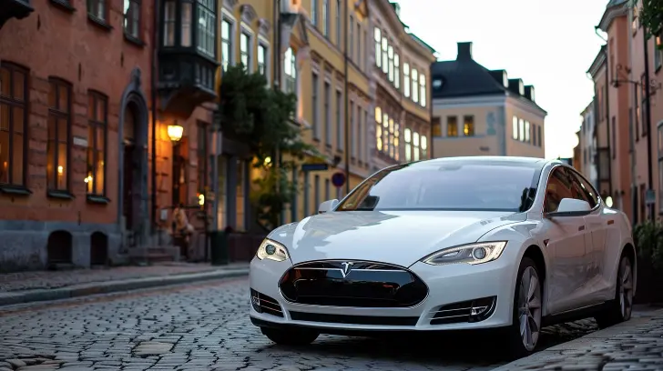 En vit Tesla Model S med halvförsäkring står parkerad på en kullerstensgata i en europeisk stad. Gatan kantas av färgglada, historiska byggnader och varma gatubelysningar börjar lysa upp när skymningen faller.