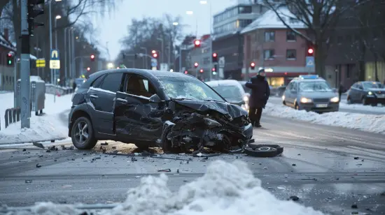 En svårt skadad bil sitter i mitten av en korsning i ett snöigt tätortsområde. Skräp och ett löst hjul är utspridda runt fordonet. Flera andra bilar och fotgängare syns i bakgrunden, vilket visar på behovet av en ordentlig halvförsäkring i sådana situationer.