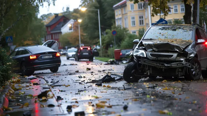 En gatubild visar två hårt skadade bilar efter en olycka. Skräp och bildelar ligger utspridda över den våta vägen. Bostadshus och träd kantar gatans sidor, med nedfallna löv som bidrar till röran. Himlen verkar mulen, en stark påminnelse om varför halvförsäkring är viktigt.