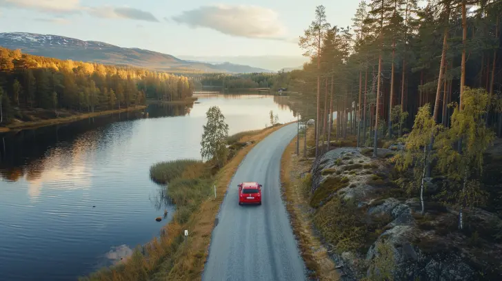 En röd bil, helskyddad med Helförsäkring, kör på en smal, slingrande väg som går längs med en lugn sjö omgiven av tät skog. Scenen badar i varmt, gyllene ljus från den nedgående solen, reflekterar på vattenytan och skapar en fridfull, pittoresk atmosfär.