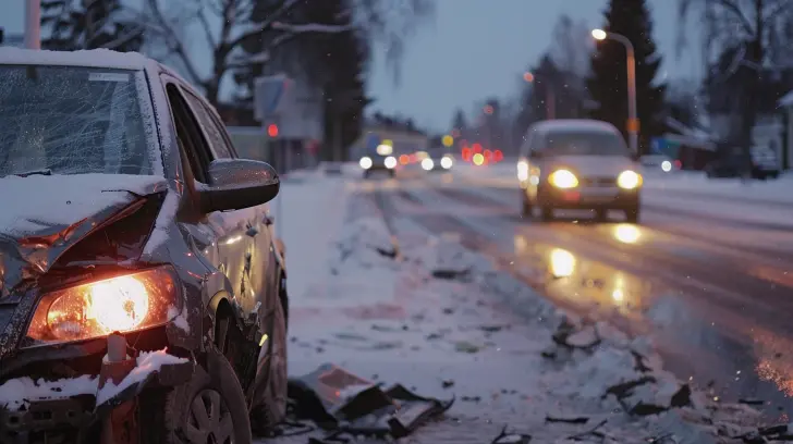 En skadad bil med en krossad framsida sitter på sidan av en snöig väg, skräp utspridda. Andra bilar med strålkastare på är synliga, och träd och gatlyktor kantar bakgrunden. Det verkar vara skymning eller gryning. Tack och lov kan helförsäkring hjälpa till att hantera sådana oförutsedda olyckor.